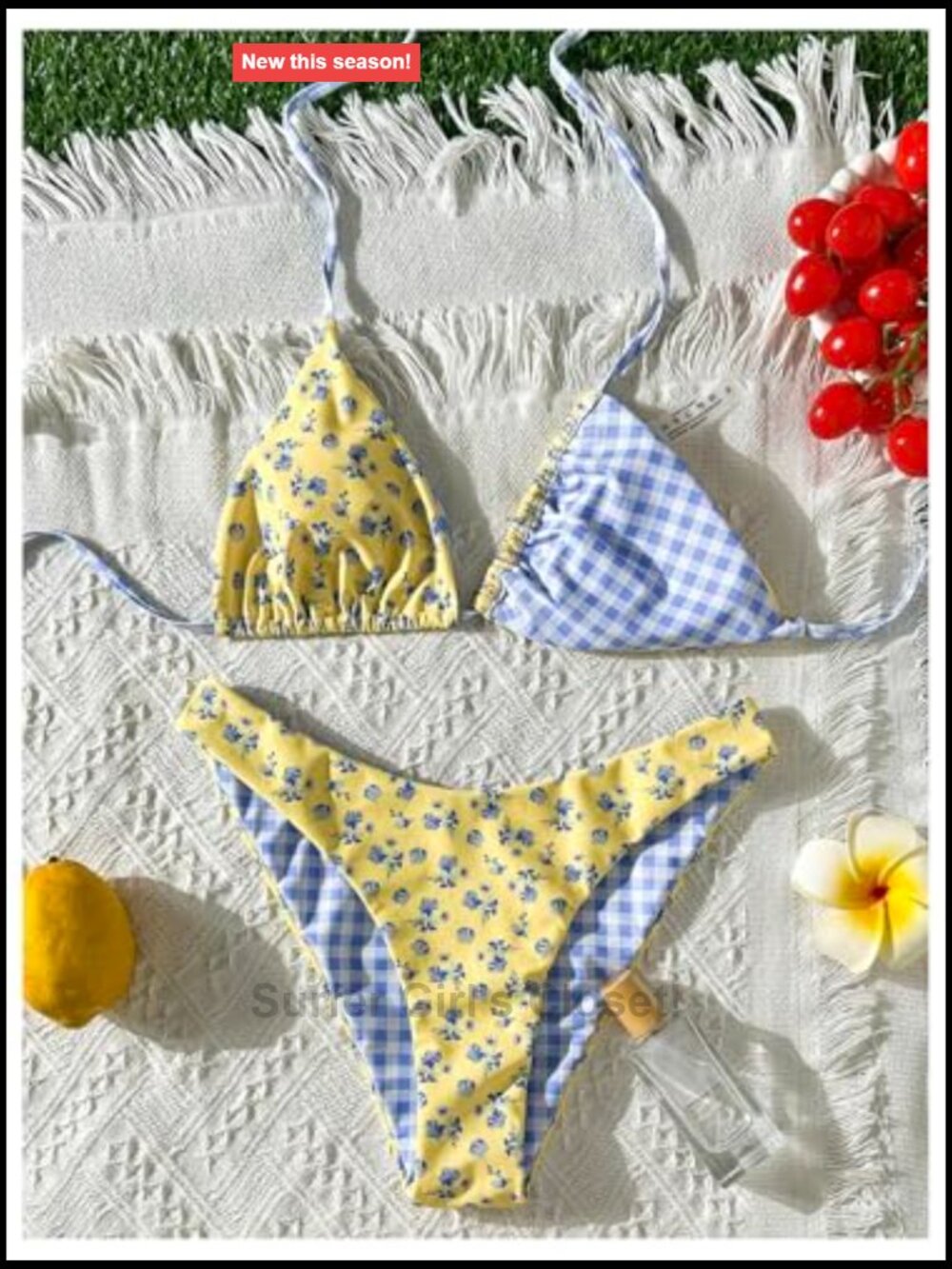 Gingham Bikini Set Triangle Halter Swimsuit Floral Boho Summer Two Piece View 5